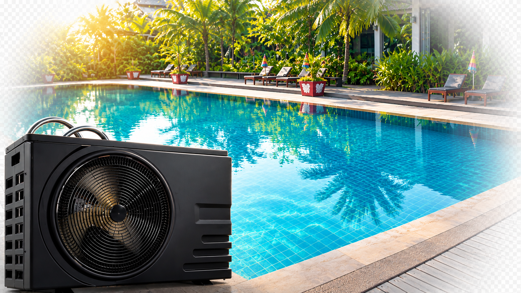 Equipamento de aquecimento para piscina mostrado junto à água